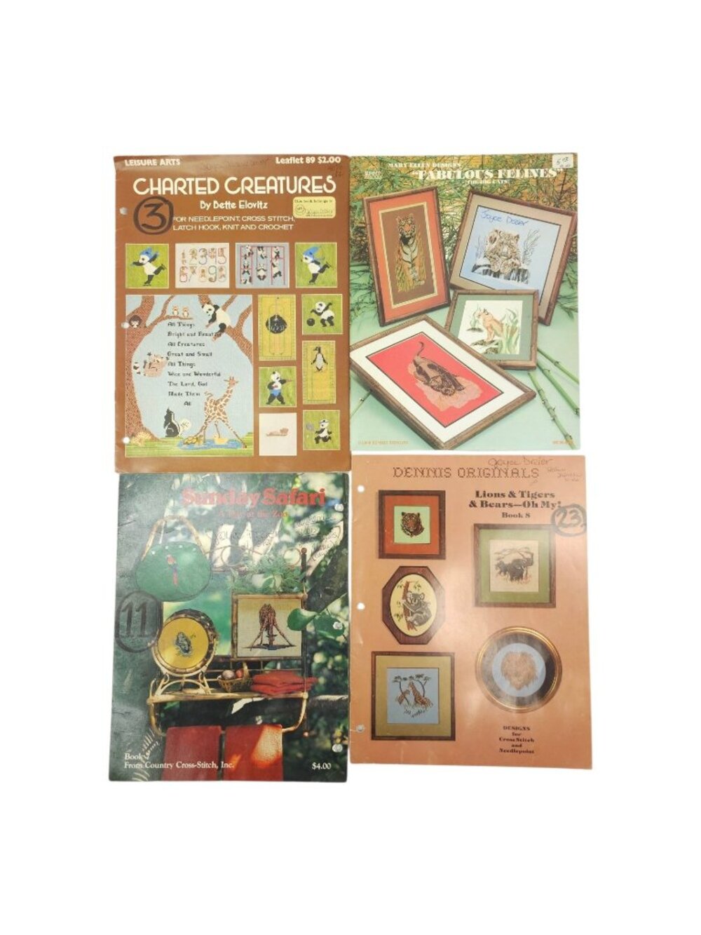 Cross Stitch Pattern Booklets Vintage Lot of 4 Animal Safari Cat Needlepoint DIY